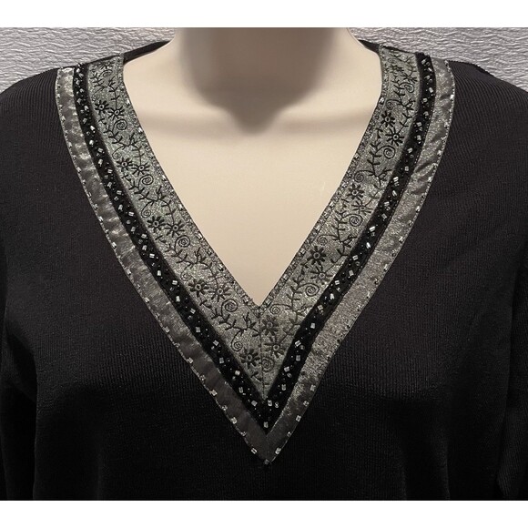 VTG Willi Smith Beaded 80s Bling V Neck Sweater Womens M Black Silver Sparkle - Picture 2 of 6